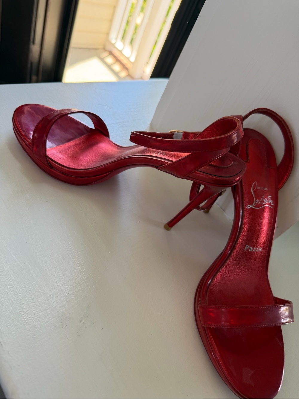 Christian Louboutin Red Patent Open-Toe Ankle-Strap Heels - Picture 2 of 6